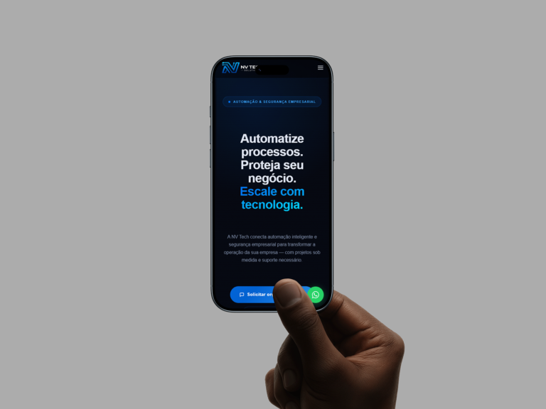Hand holding a phone showing an NV Tech Solutions page