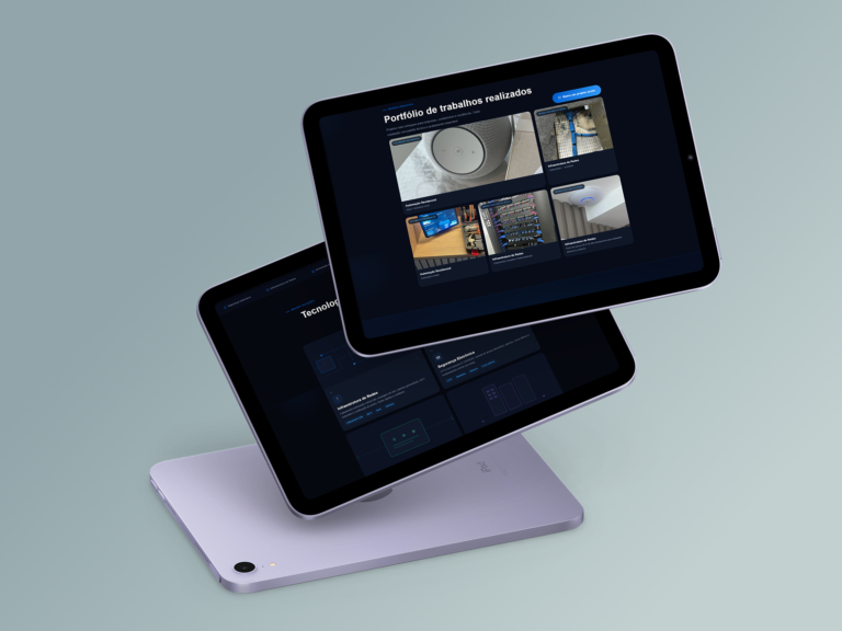 Tablet and screen showing a dark NV Tech Solutions portfolio page