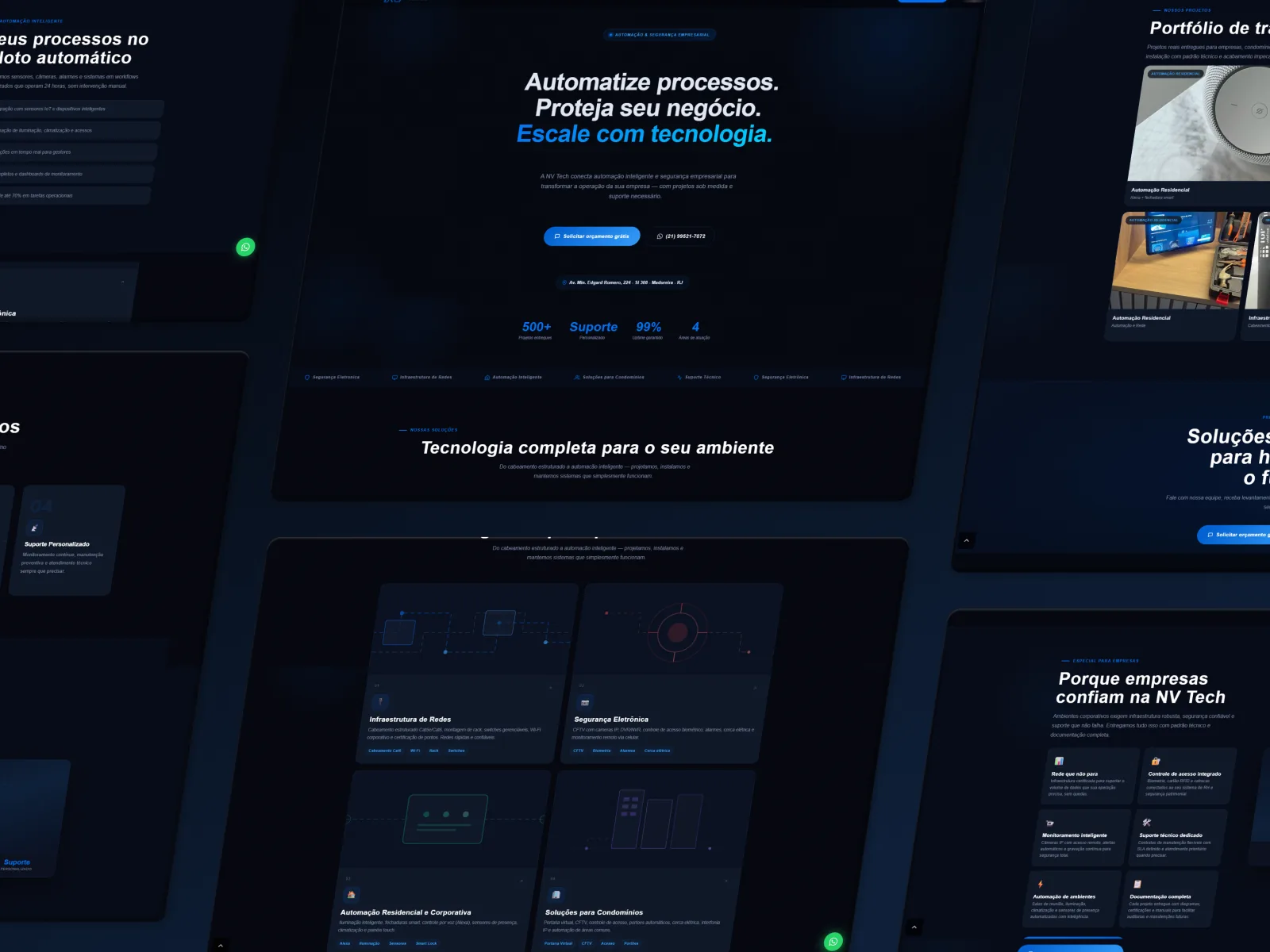 NV Tech Solutions website pages on a dark navy background