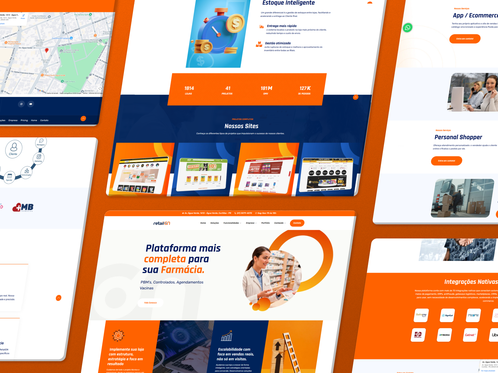 RetailON website pages for a pharmacy e-commerce platform, in orange and navy