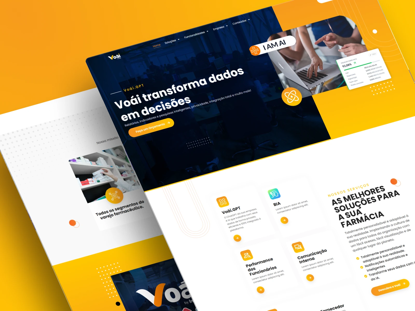 Voai Tech website pages for a pharmacy data platform, in yellow and navy