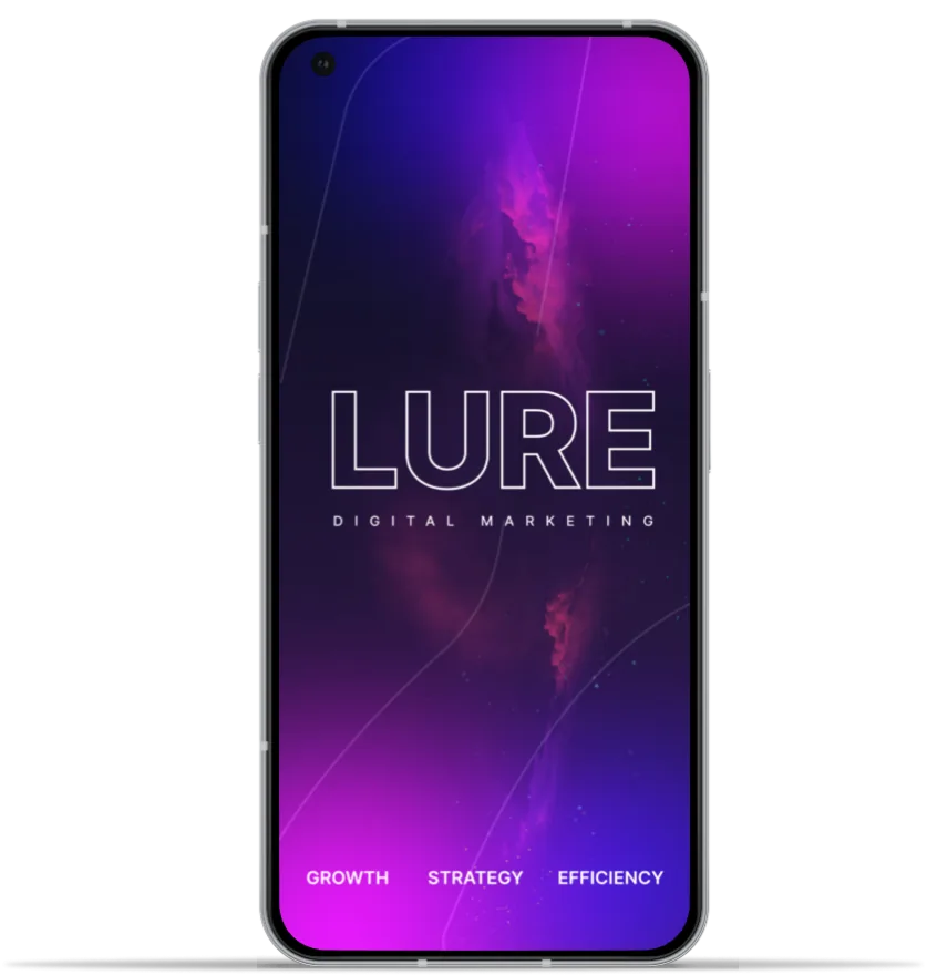 Lure Digital Marketing branding on a smartphone screen, with the words Growth, Strategy and Efficiency