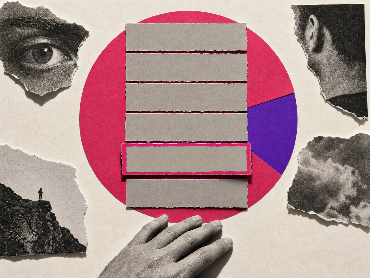Cut-paper collage: a stack of six result cards with the magenta-marked one sitting low, four grey cards above it.