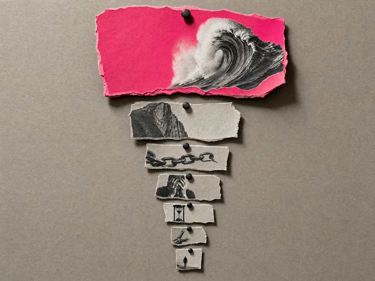 Cut-paper collage: a pinned column of cards with the largest one, in magenta, at the top of the list.