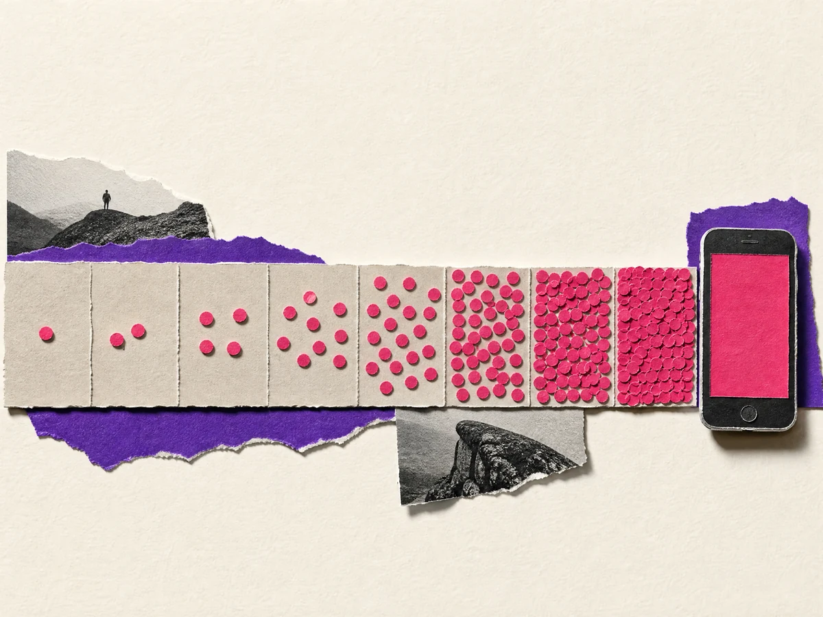 Cut-paper collage: a band of weeks in which magenta dots multiply from one to many, with a lit phone at the end.