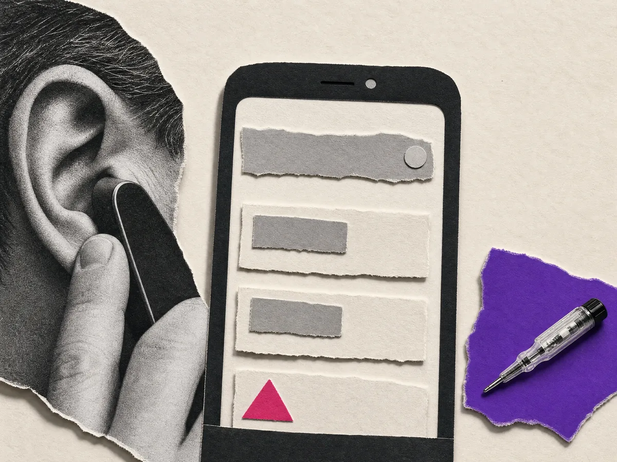 Paper collage: a phone showing search results with this electrician listed last, next to someone listening on a call and a voltage tester.