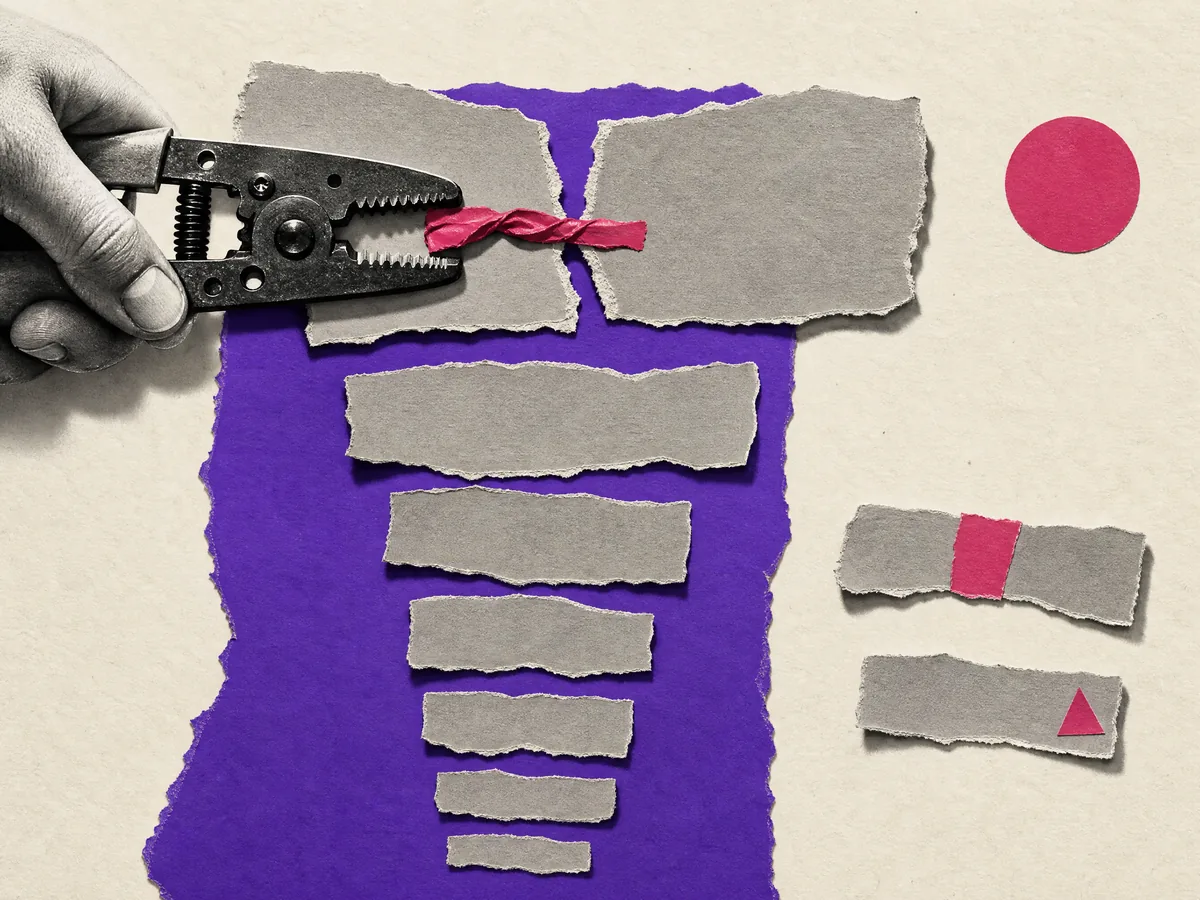 Paper collage: a stack of torn paper strips ordered from largest to smallest, with wire strippers splicing the top one first.