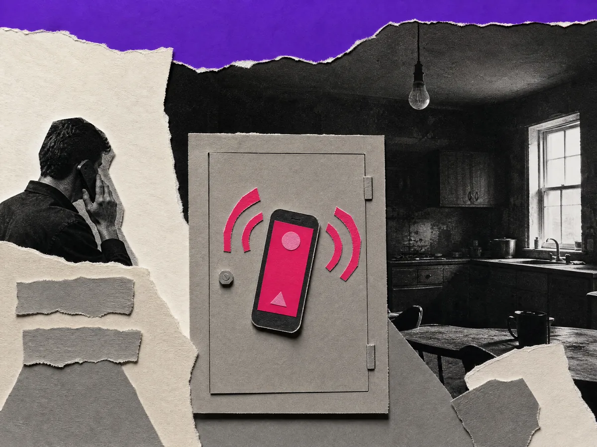 Paper collage: a phone ringing on a closed breaker panel, a dark kitchen with an unlit bulb behind it.