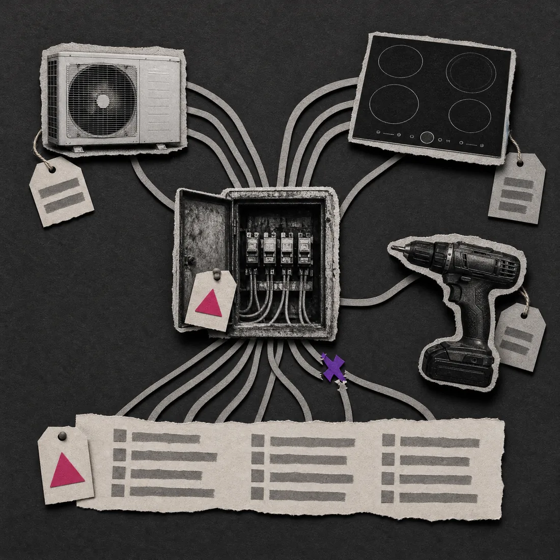 Paper collage: an old fuse box with far too many cords running to a heat pump, a cooktop and a drill, one cord frayed.