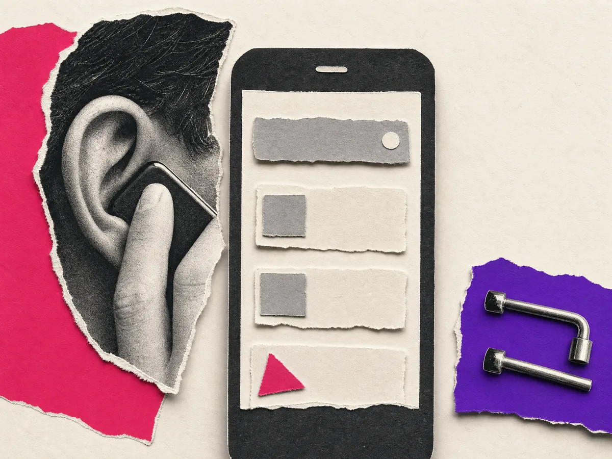 Paper collage: a phone showing search results with this door company listed last, next to someone listening on a call and winding bars.