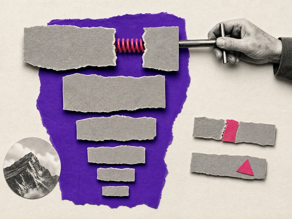 Paper collage: a stack of torn paper strips ordered from largest to smallest, with a spring pulling the top one back together first.