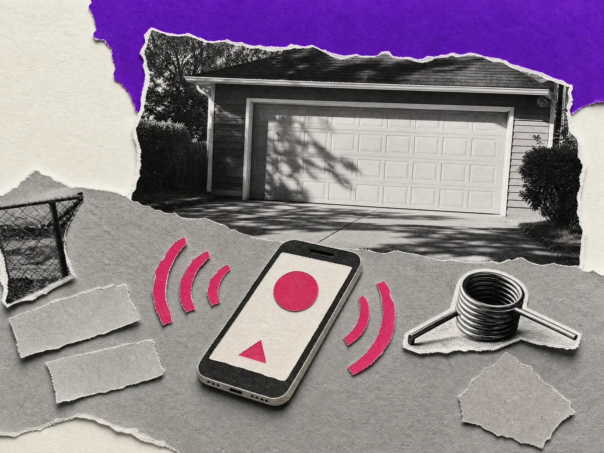 Paper collage: a phone ringing on a workbench next to a torsion spring, a closed garage door behind it.