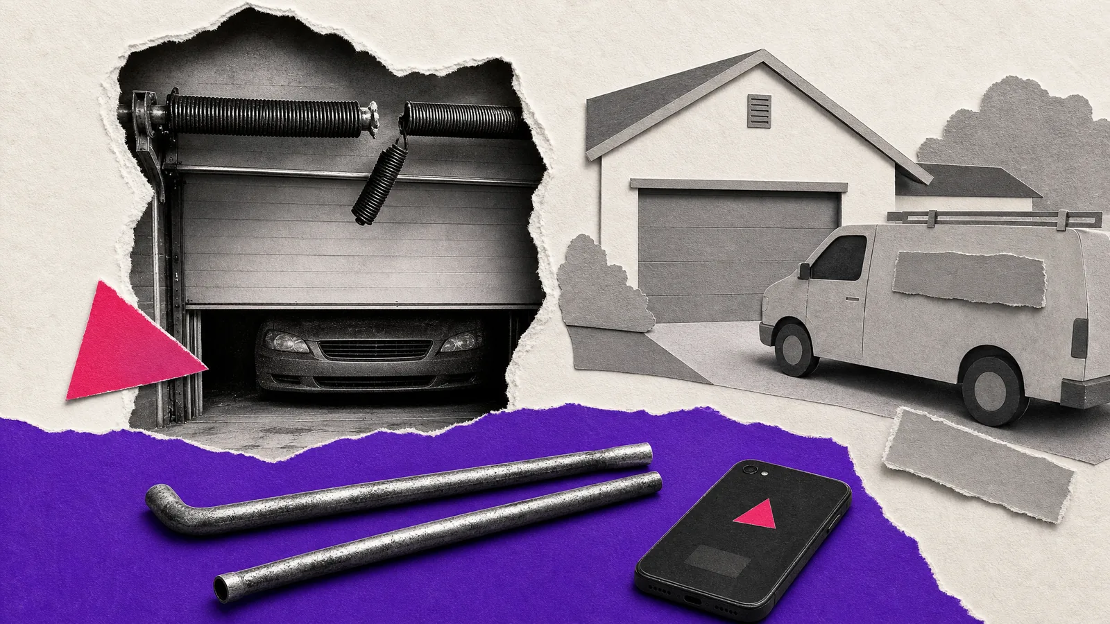Paper collage: a car trapped behind a closed garage door with a snapped spring, another company's van pulling up, and the local winding bars lying idle.