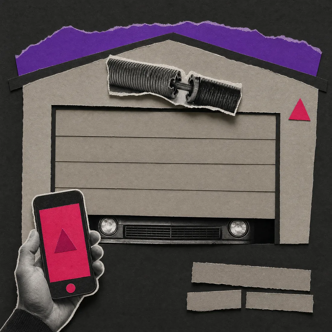 Paper collage: a closed garage door with a car's headlights trapped behind it, a snapped spring above and a hand holding a phone.