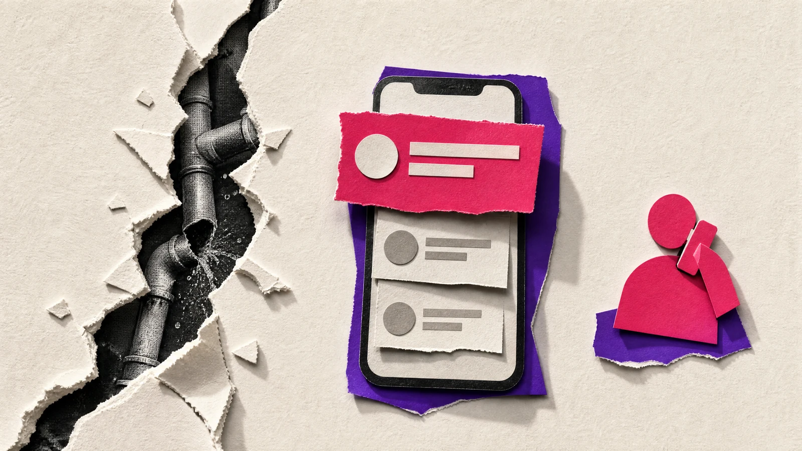 Cut-paper collage: a torn crack through the paper, a phone showing three results with the top one in magenta, and a call placed.