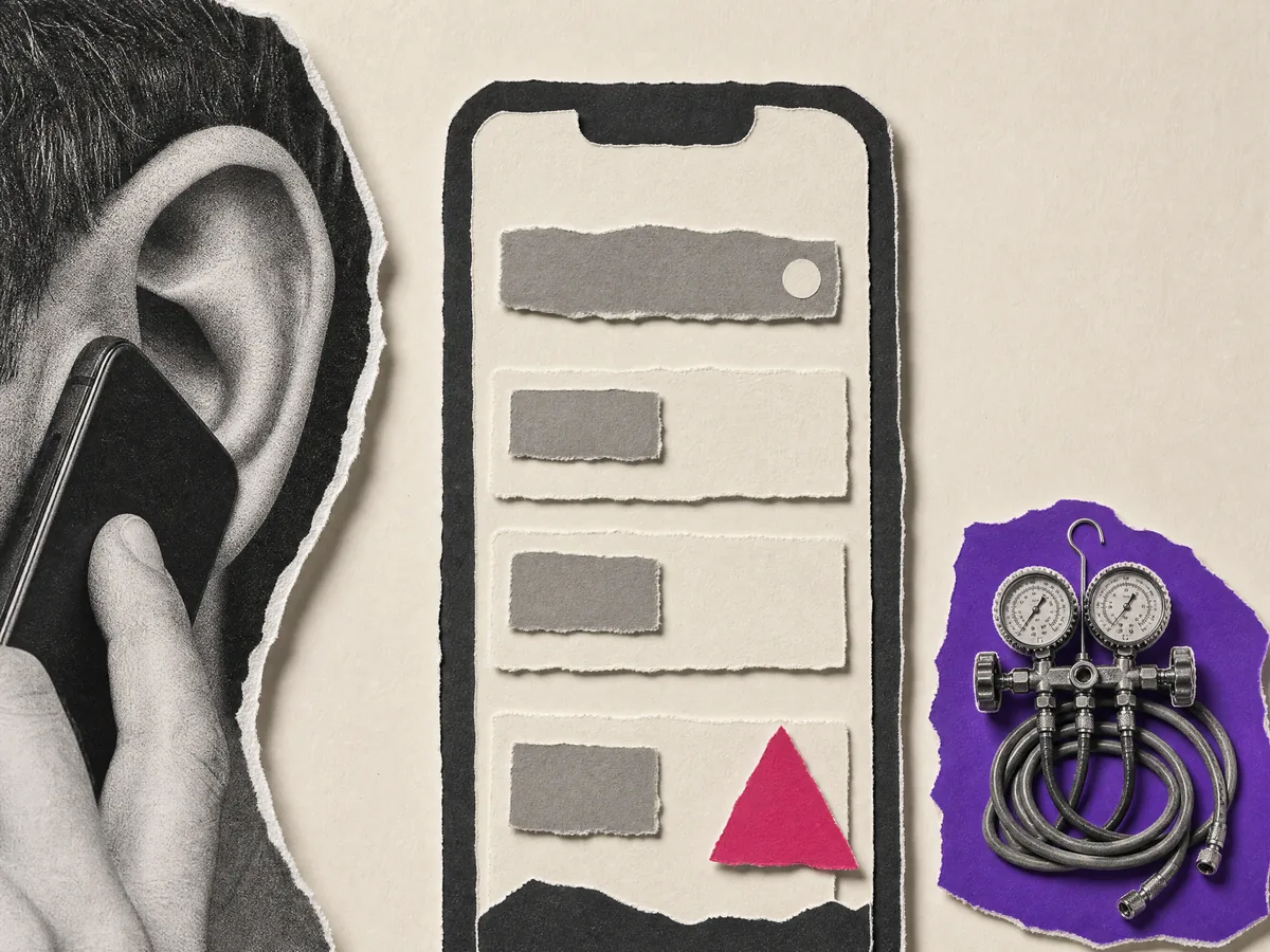 Paper collage: a phone showing search results with this heating company listed last, next to someone listening on a call and a gauge set.