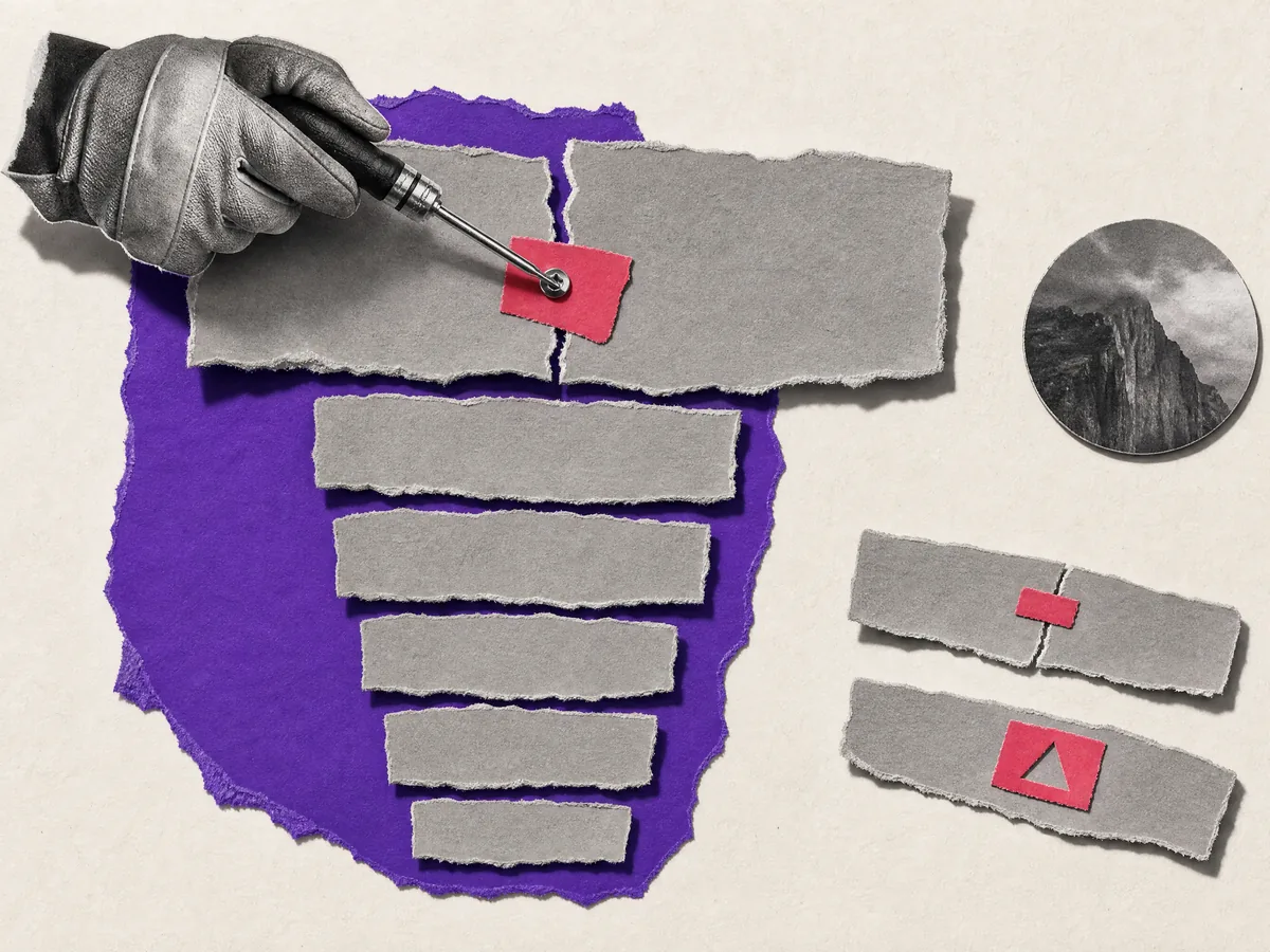 Paper collage: a stack of torn paper strips ordered from largest to smallest, with a gloved hand fastening a patch onto the top one first.