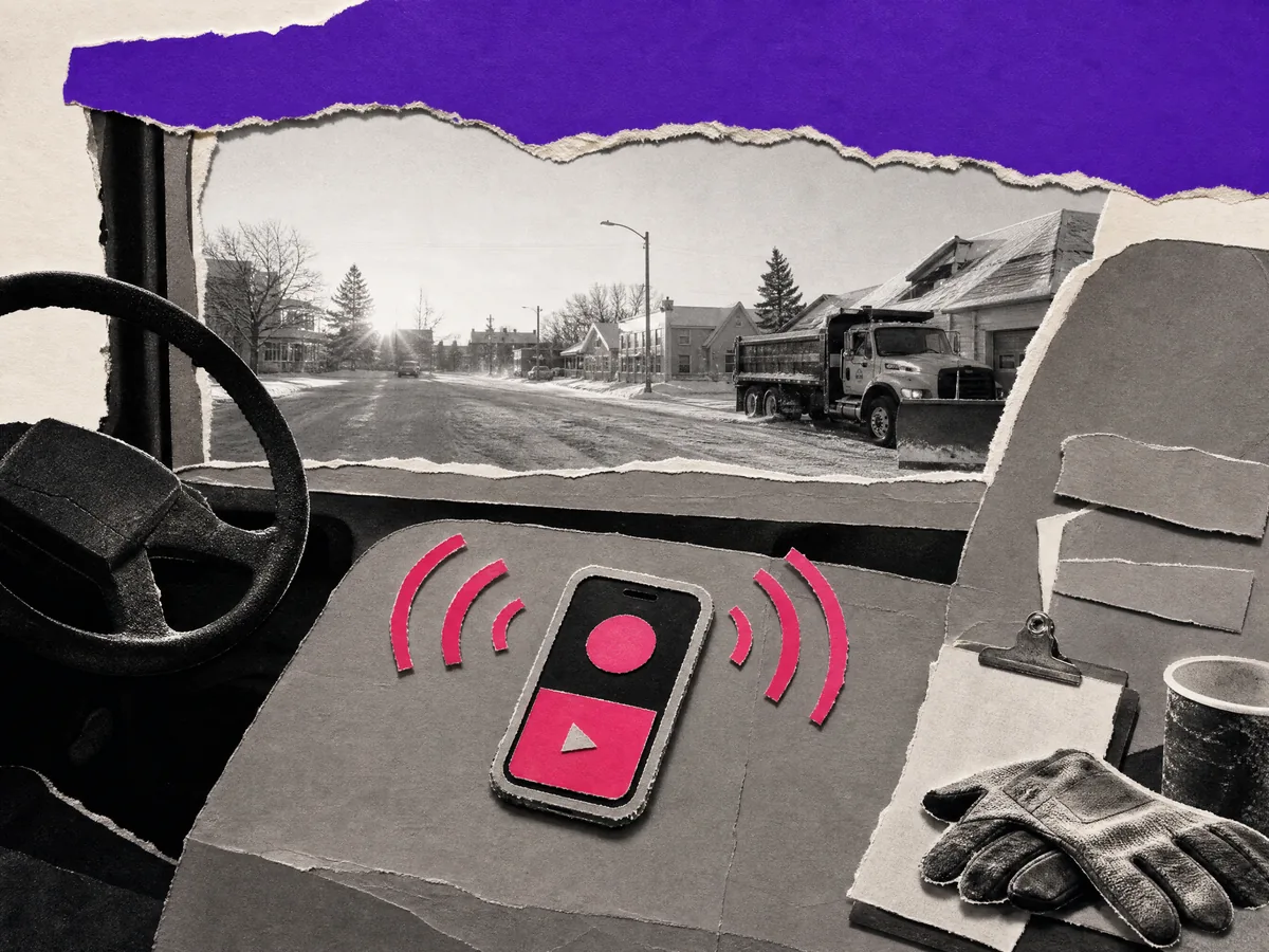 Paper collage: a phone ringing on the seat of a work truck, a snowy street at dawn through the windshield behind it.