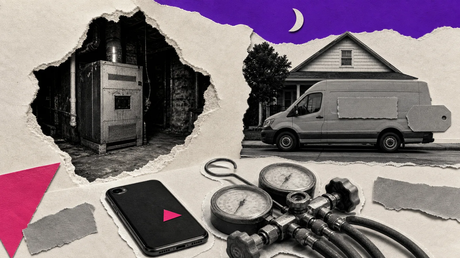 Paper collage: a cold furnace in a dark basement at dawn, another company's van at the curb, and the local technician's gauges lying idle.