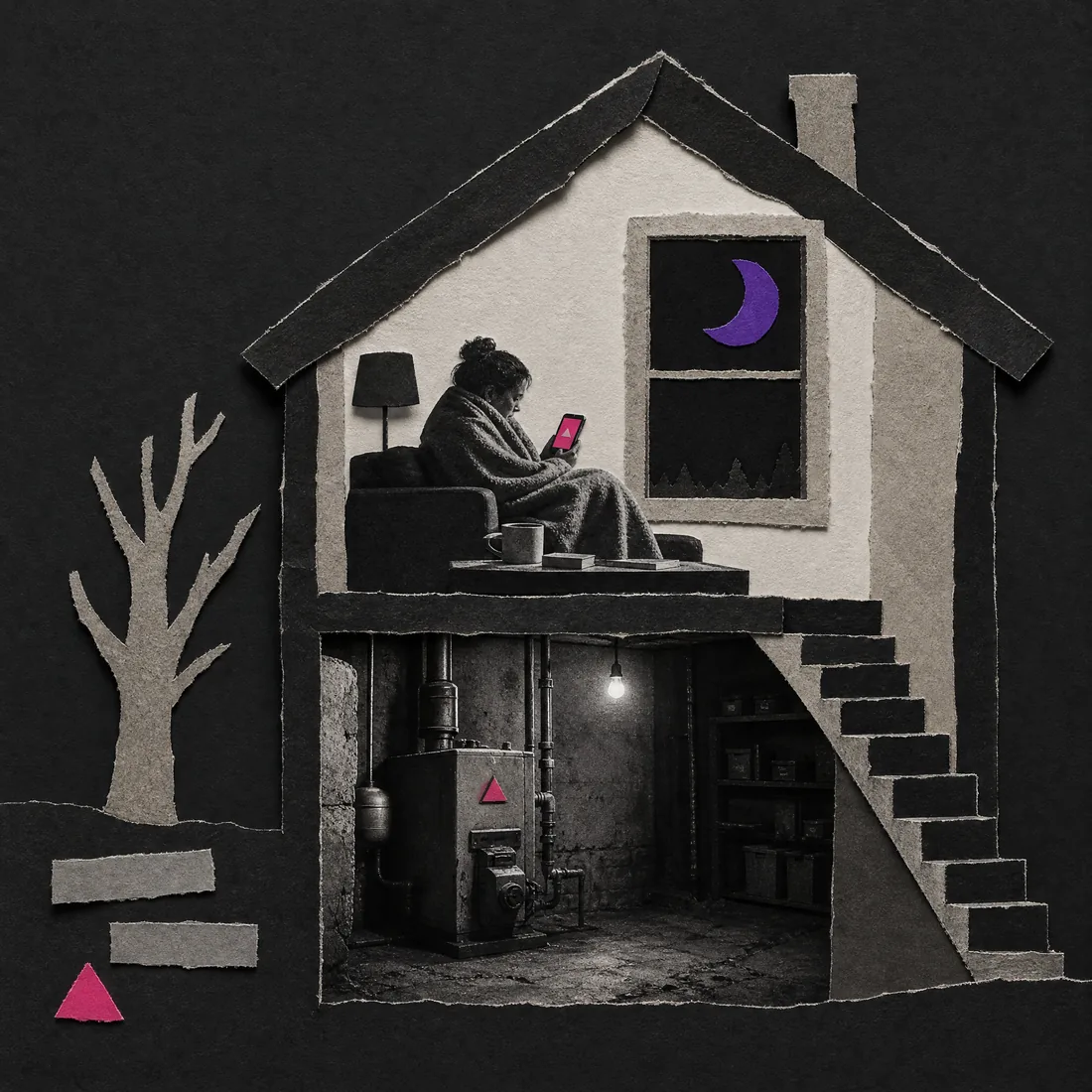 Paper collage: a house cut open at night, a cold oil burner in the basement and a person in a blanket upstairs holding a phone.