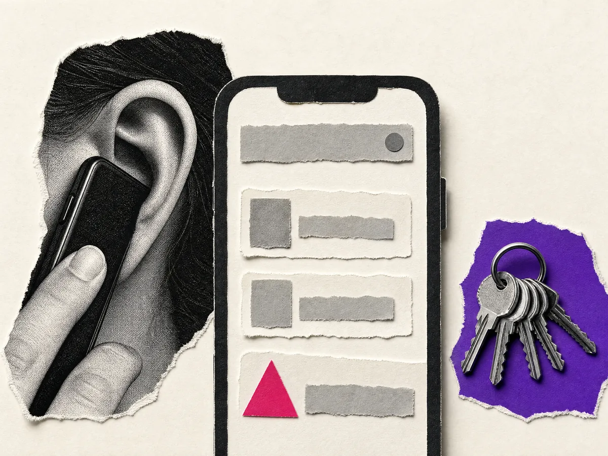 Paper collage: a phone showing search results with this locksmith listed last, next to someone listening on a call and a ring of key blanks.