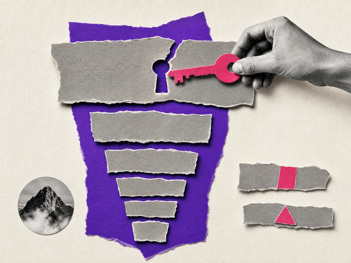 Paper collage: a stack of torn paper strips ordered from largest to smallest, with a hand fitting a key into the top one first.