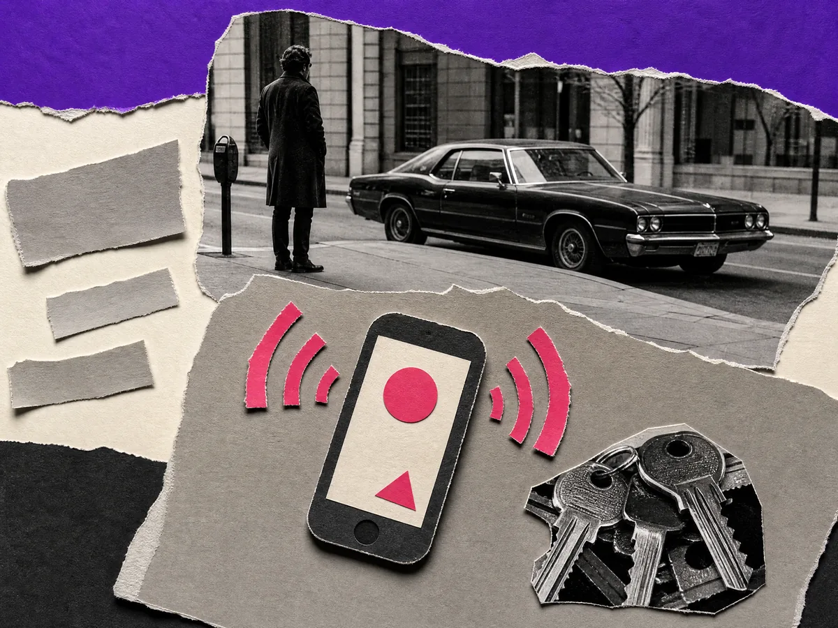 Paper collage: a phone ringing on a workbench next to key blanks, a person waiting beside a parked car on the sidewalk behind it.