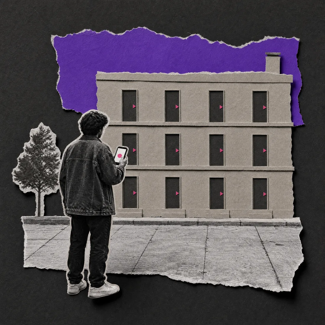 Paper collage: a person on a sidewalk holding a phone in front of an apartment building, the same mark on every front door.