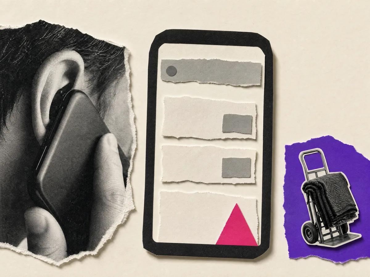 Paper collage: a phone showing search results with this mover listed last, next to someone listening on a call and a hand truck.