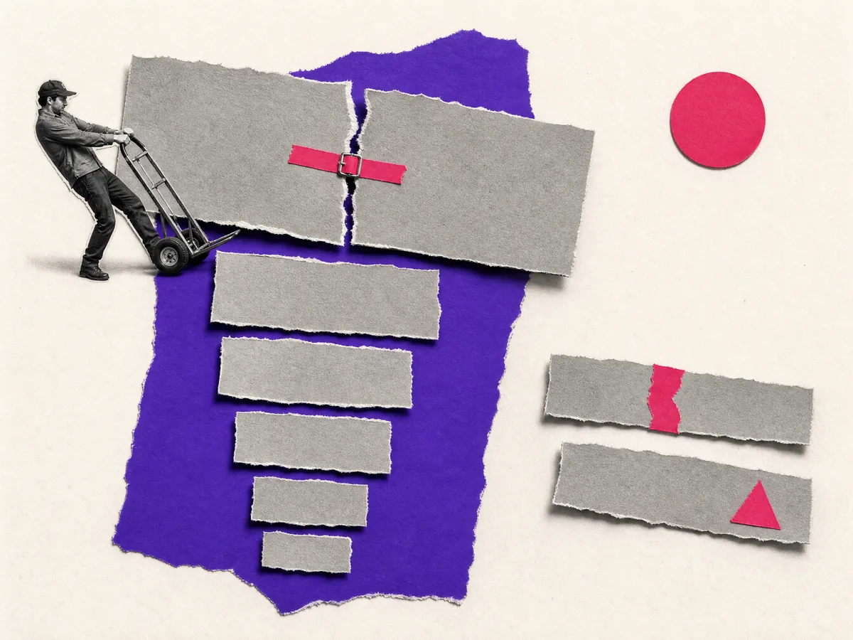Paper collage: a stack of torn paper strips ordered from largest to smallest, with a hand truck and a strap securing the top one first.