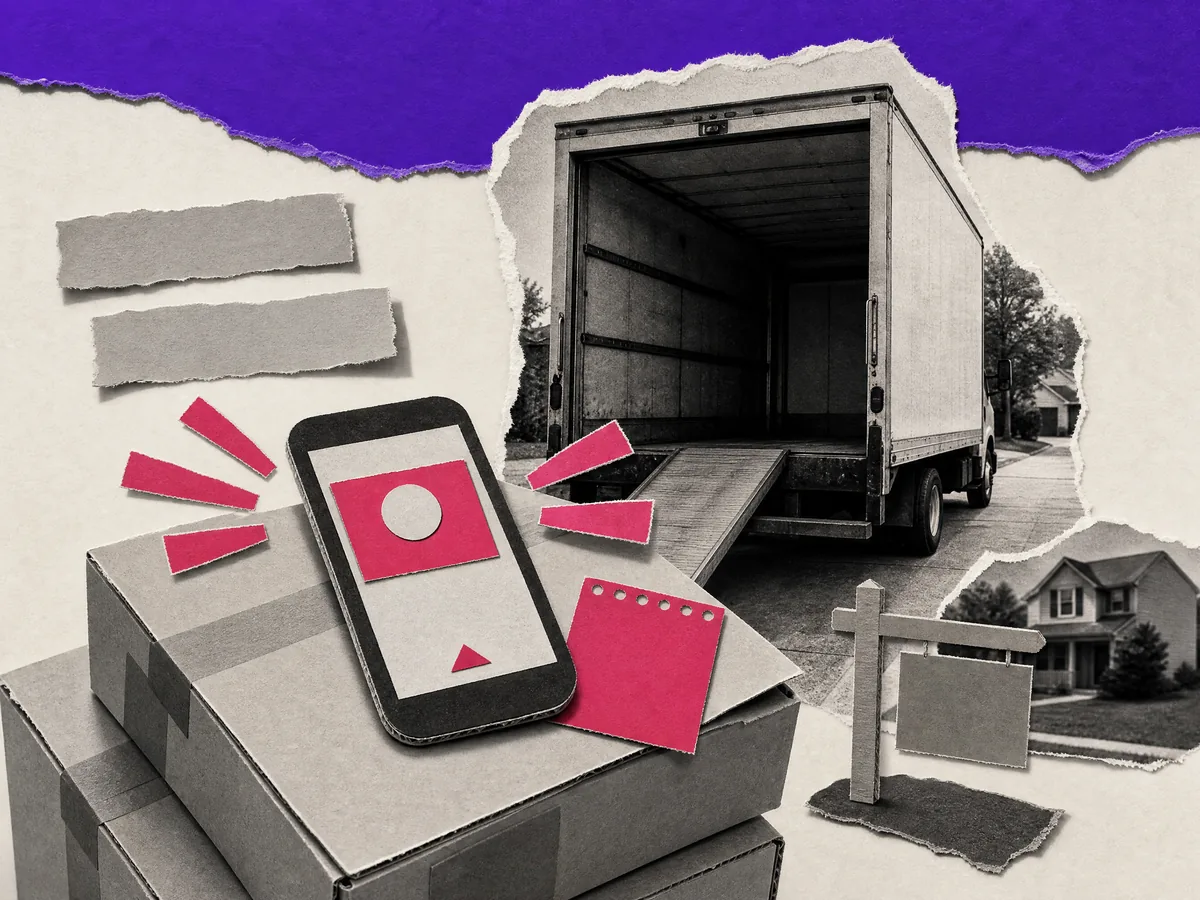 Paper collage: a phone ringing on flat-packed boxes, the open back of an empty moving truck behind it.