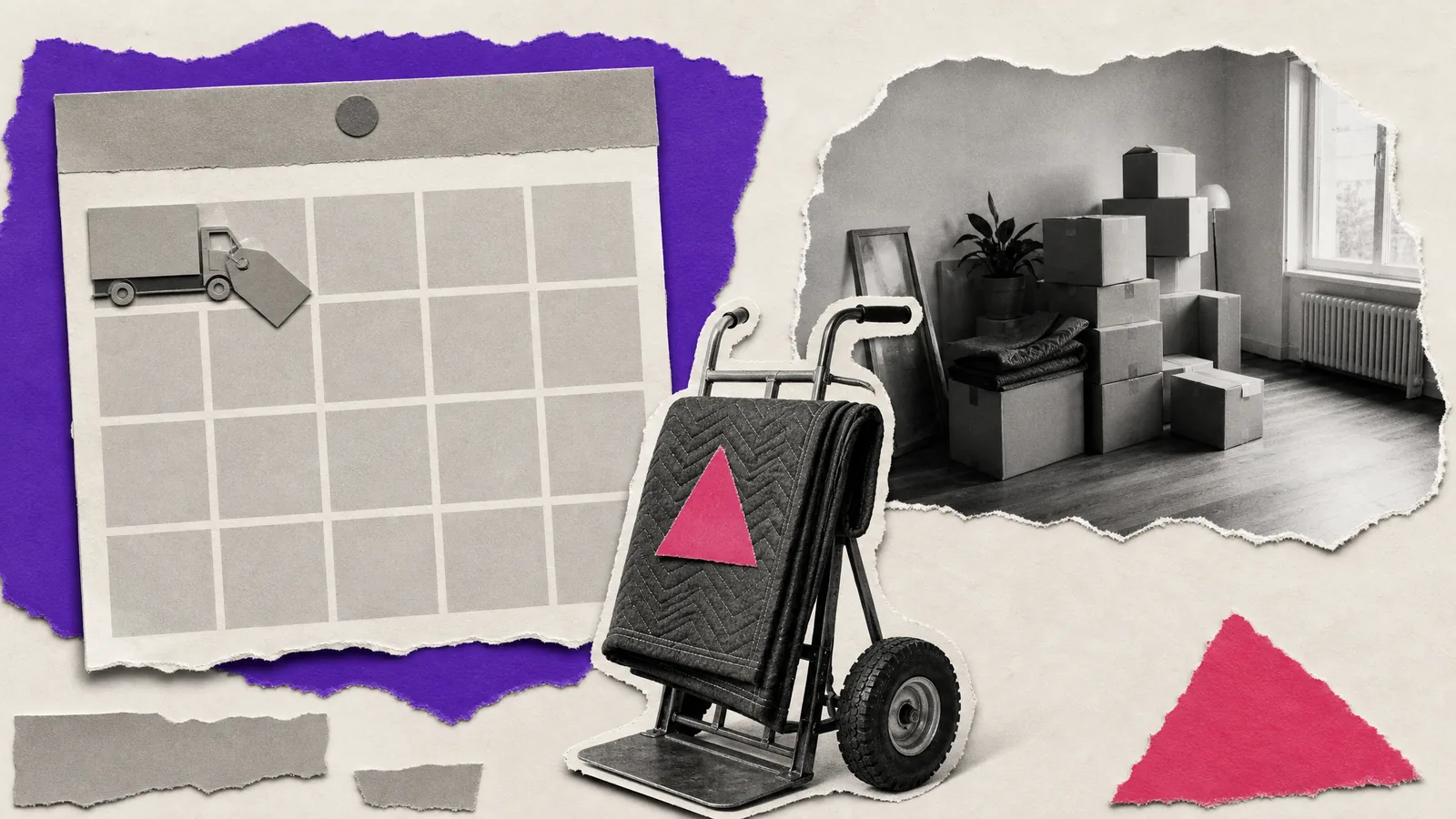 Paper collage: a calendar with the first of the month taken by another truck, stacked moving boxes, and the local mover's hand truck standing empty.