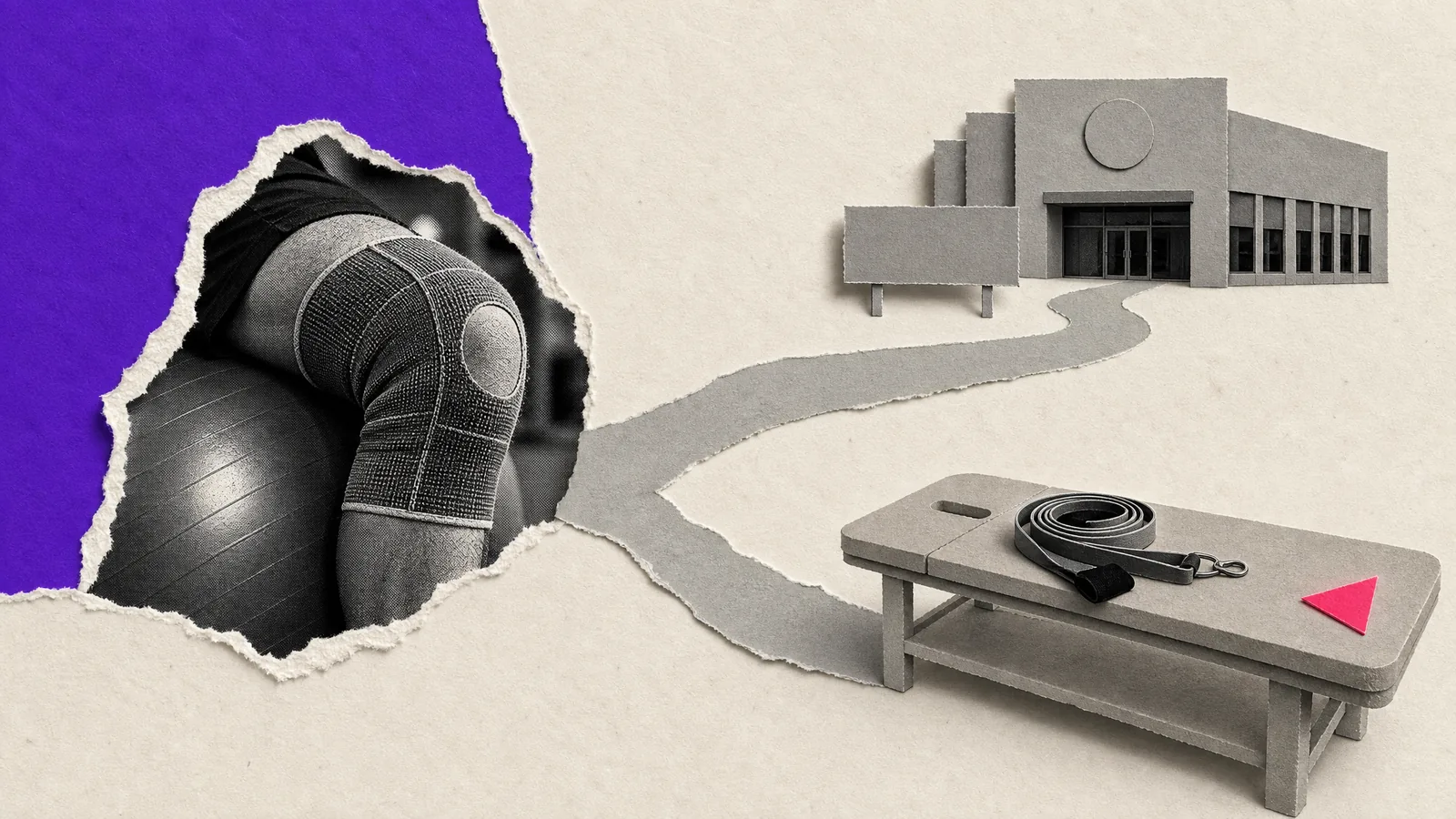 Paper collage: a knee in a sports brace, a paper path leading off to another clinic, and the local clinic's empty treatment table with a resistance band.