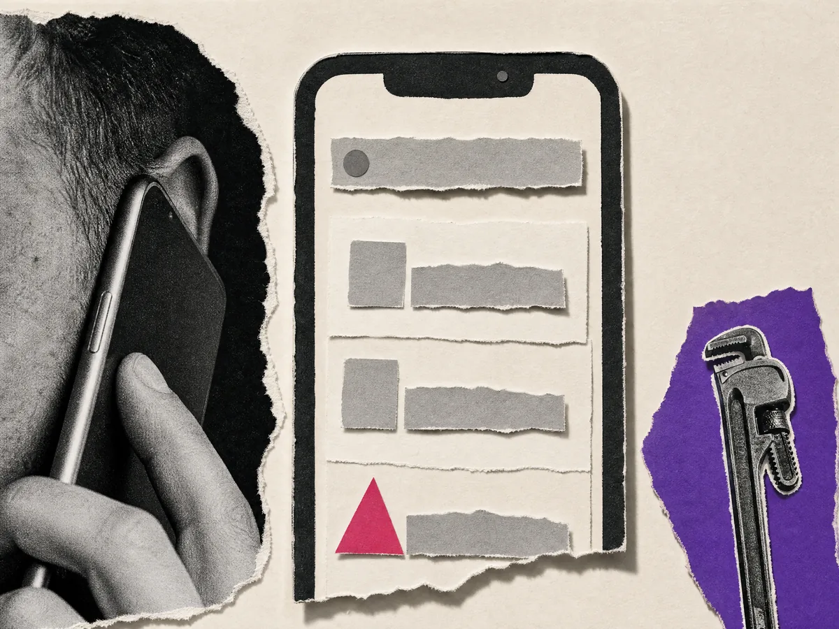 Paper collage: a phone showing search results with this plumber listed last, next to someone listening on a call and a pipe wrench.