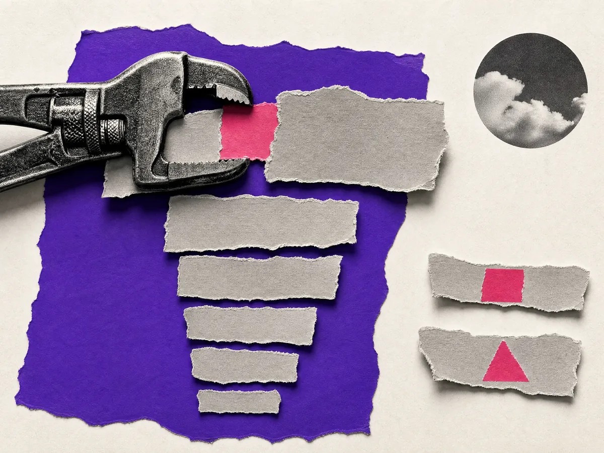 Paper collage: a stack of torn paper strips ordered from largest to smallest, with a wrench fixing the top one first.