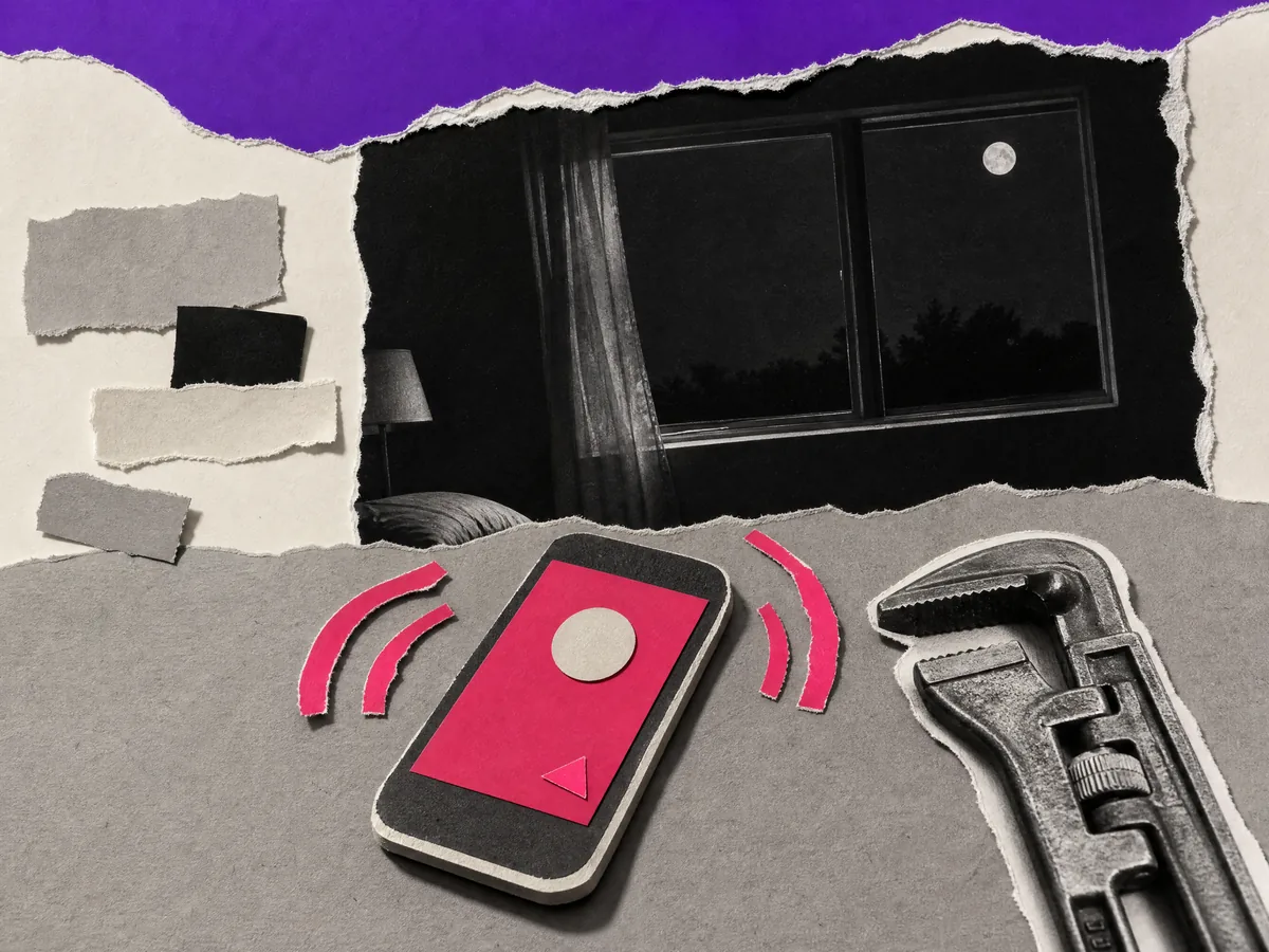 Paper collage: a phone ringing on a workbench next to a pipe wrench, a dark bedroom window and moon behind it.