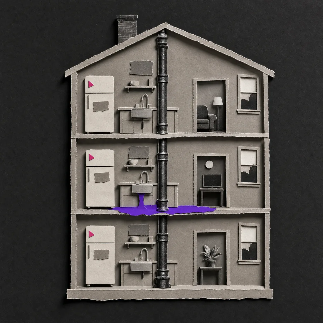 Paper collage: a three-family house cut open, one drain stack through three kitchens, a leak on the middle floor and the same magnet on every fridge.