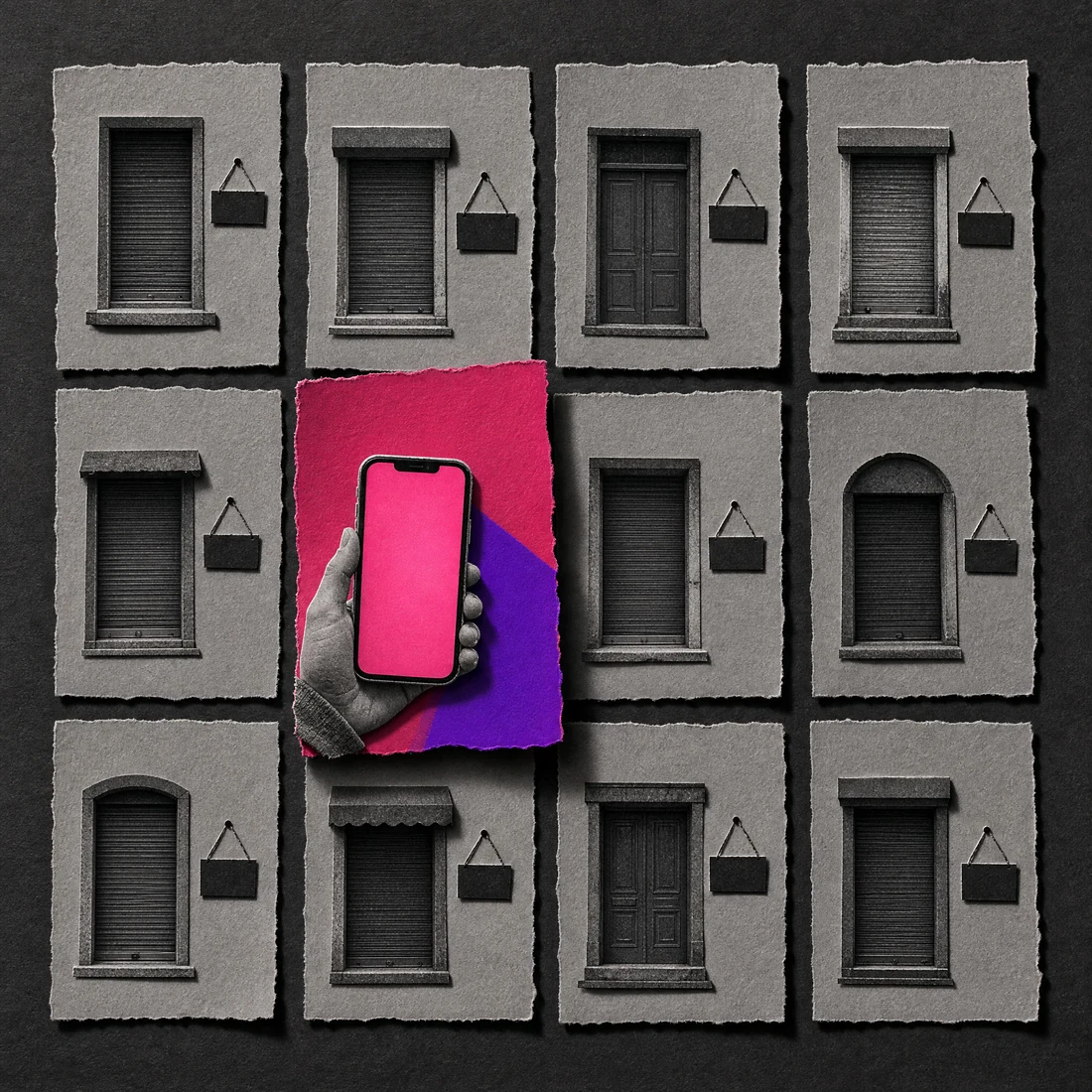 Cut-paper collage on dark paper: a grid of closed shop doors, and one magenta card holding a lit phone screen.