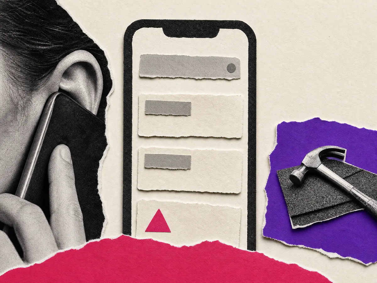 Paper collage: a phone showing search results with this roofer listed last, next to someone listening on a call and a claw hammer.