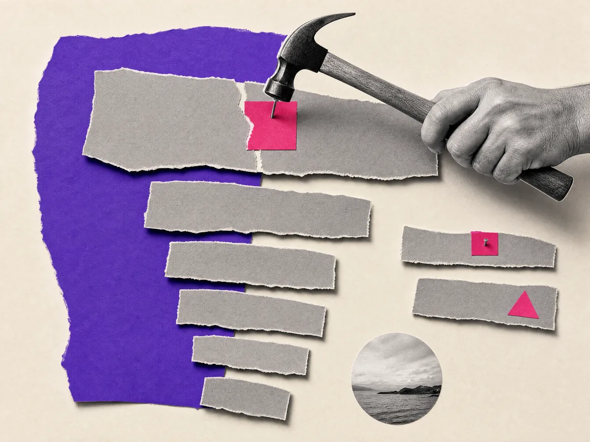Paper collage: a stack of torn paper strips ordered from largest to smallest, with a hammer nailing a patch onto the top one first.