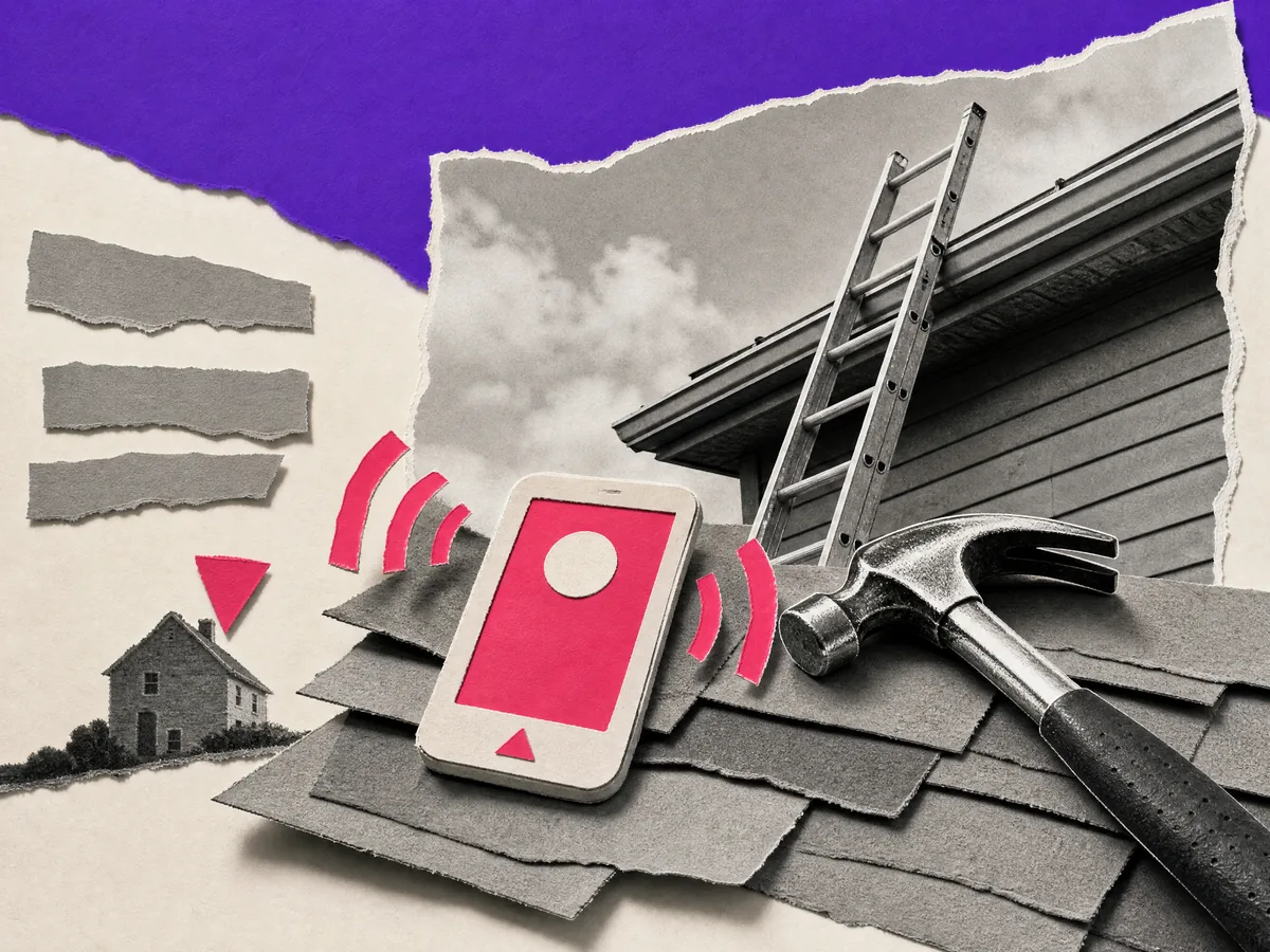 Paper collage: a phone ringing on a bundle of shingles next to a claw hammer, a ladder against a roof behind it.
