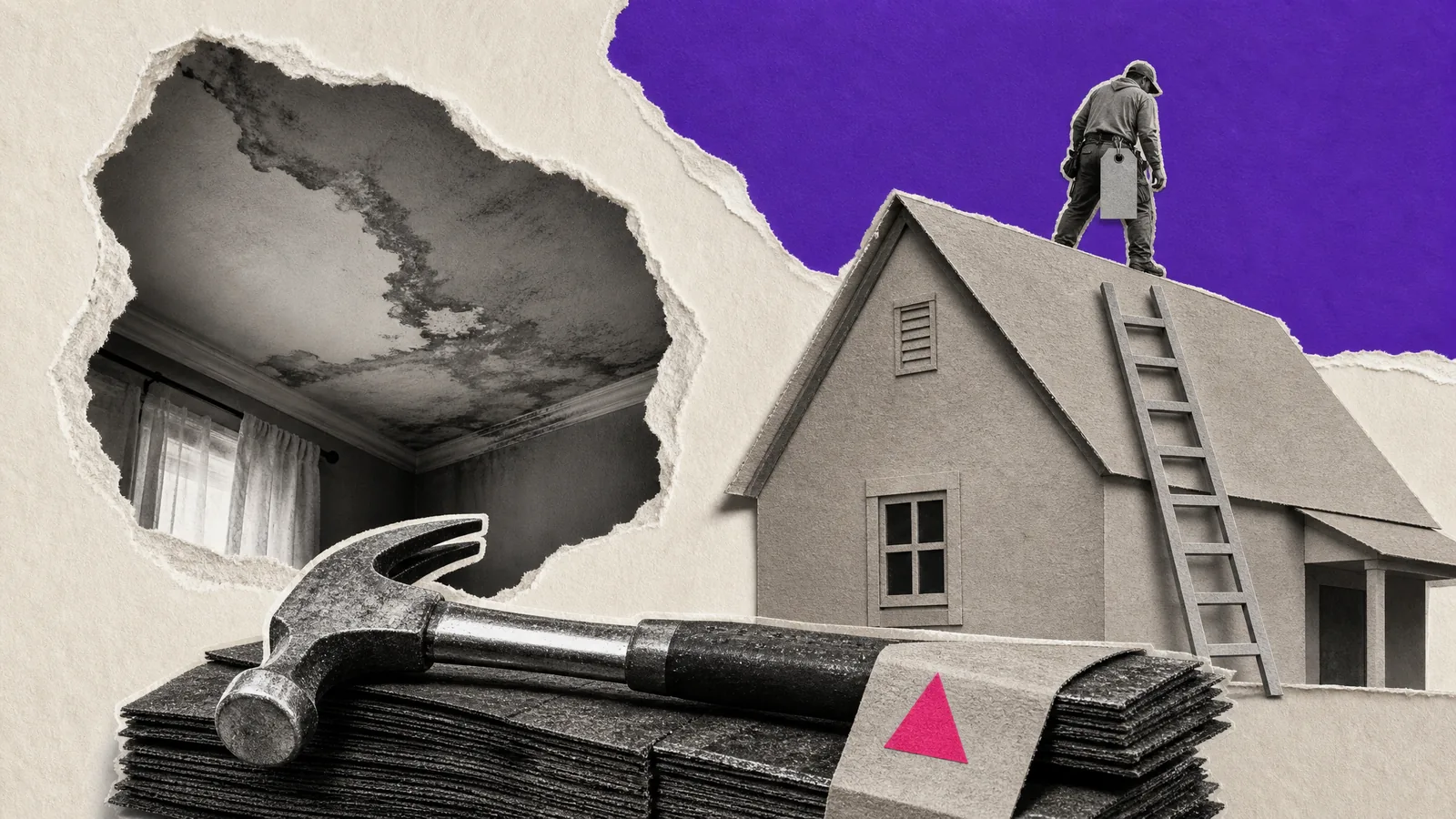 Paper collage: a water stain on a bedroom ceiling, another roofer already on the roof, and the local roofer's hammer resting unused on a bundle of shingles.