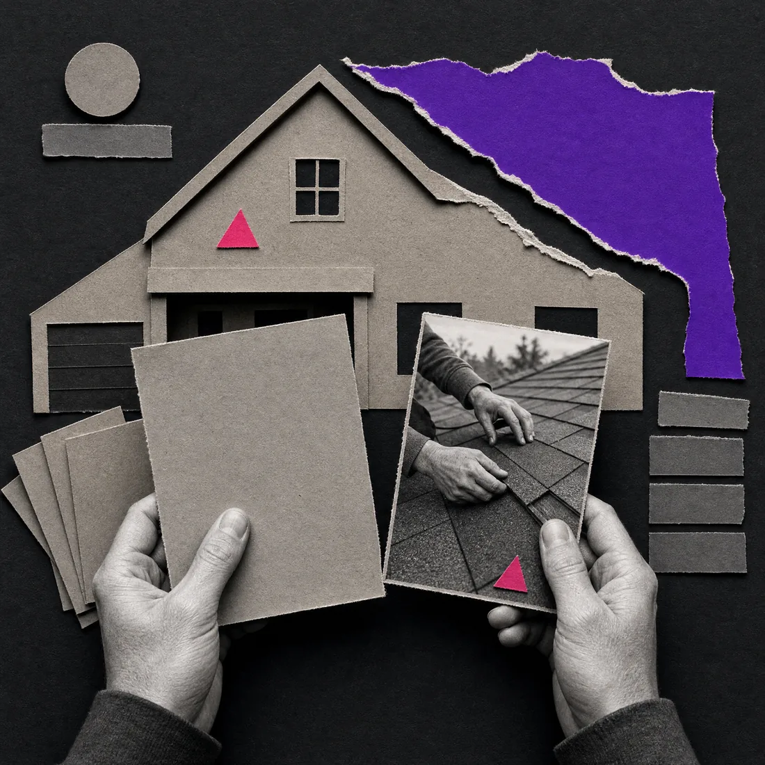 Paper collage: two hands comparing two cards in front of a house, one blank and one showing a real roofer's hands at work.