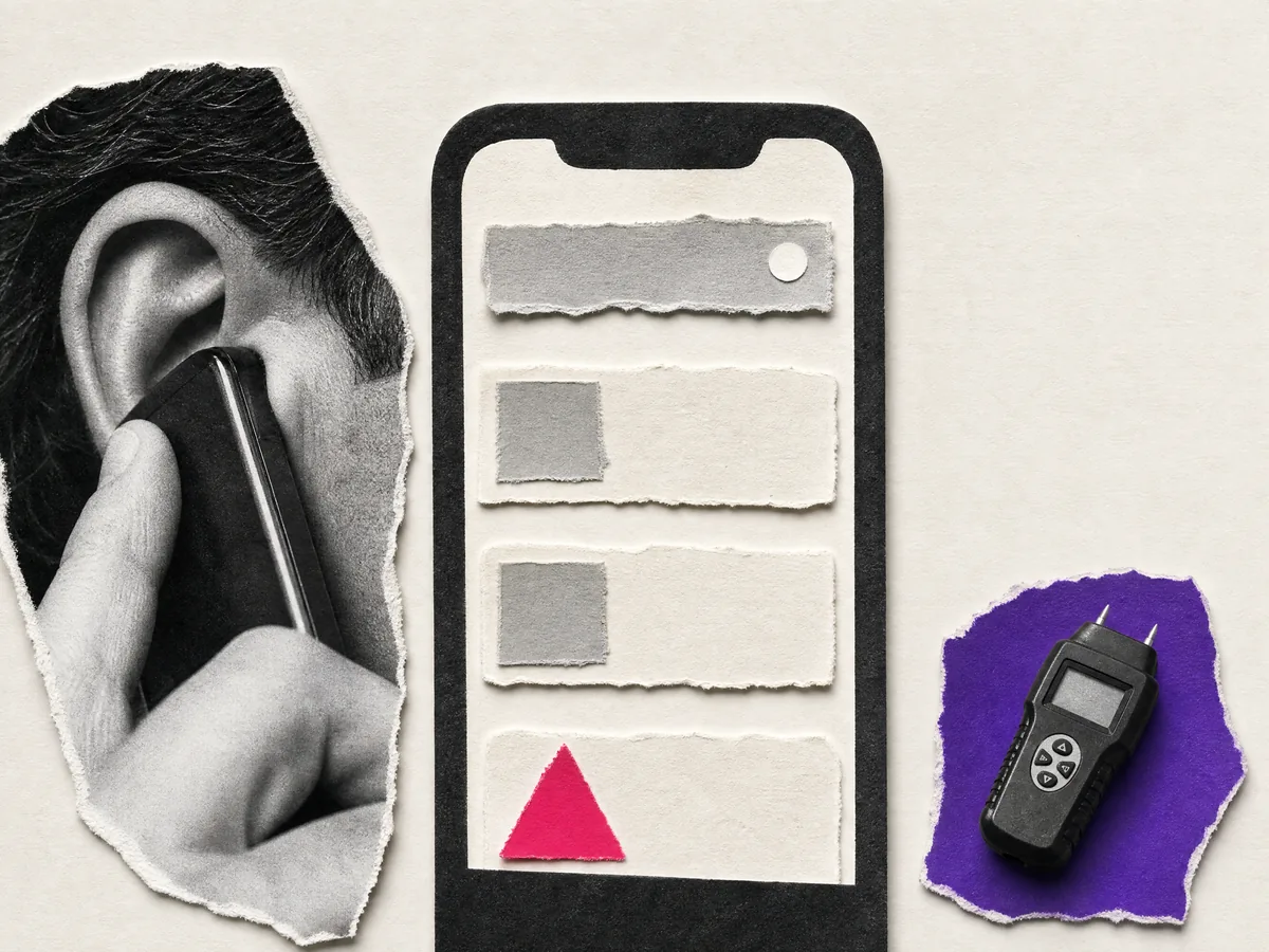 Paper collage: a phone showing search results with this restoration company listed last, next to someone listening on a call and a moisture meter.