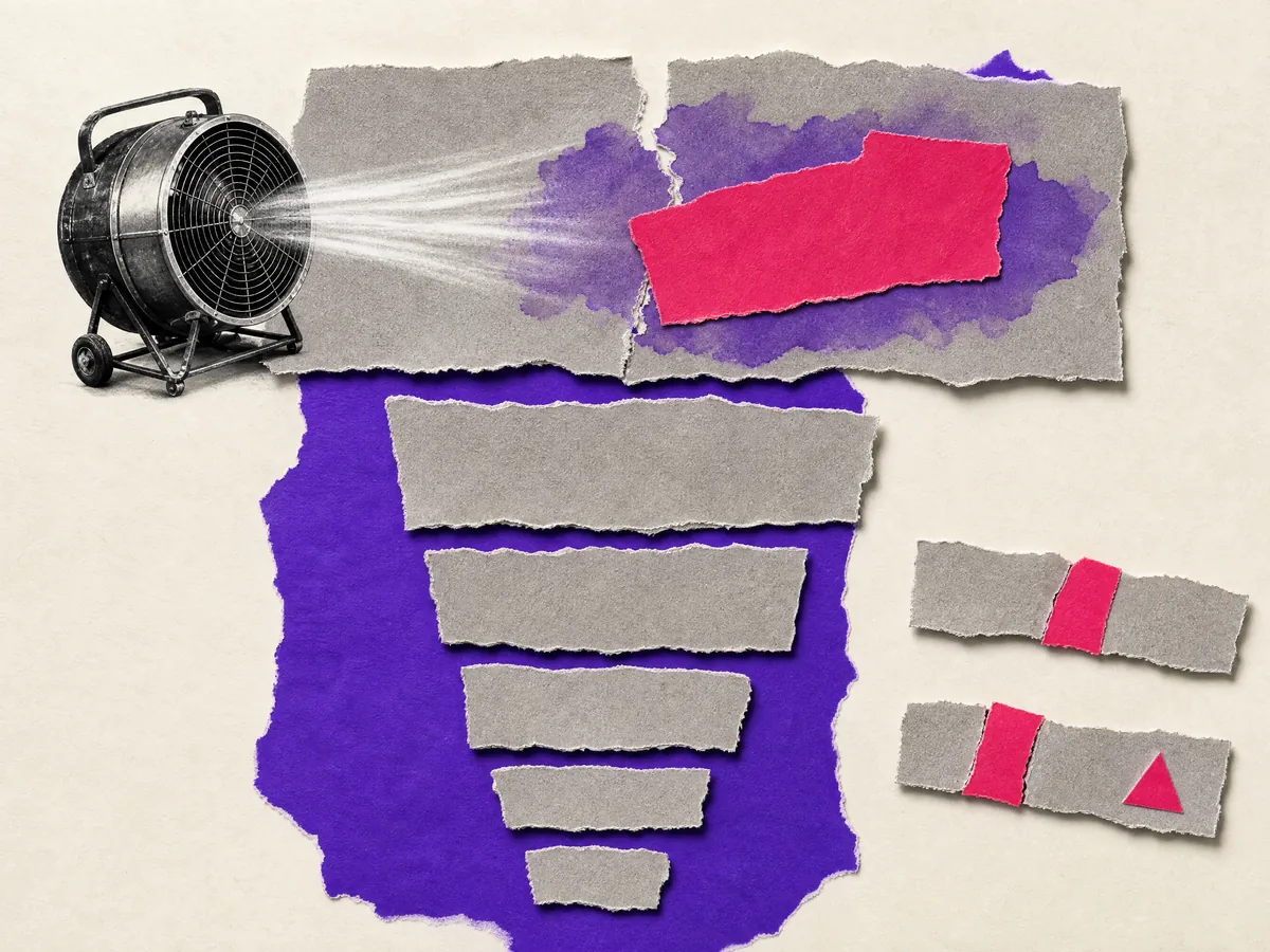 Paper collage: a stack of torn paper strips ordered from largest to smallest, with a drying fan and a patch fixing the top one first.