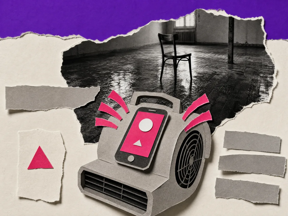 Paper collage: a phone ringing on top of a drying fan, a wet floor in an empty room behind it.