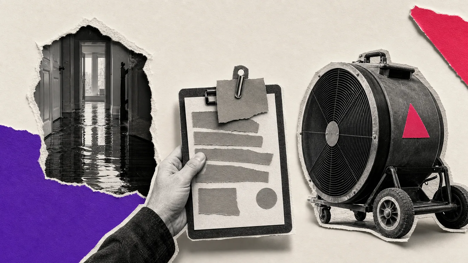 Paper collage: water across the floor of an empty house, an adjuster's clipboard naming another company, and the local crew's drying fan standing idle.