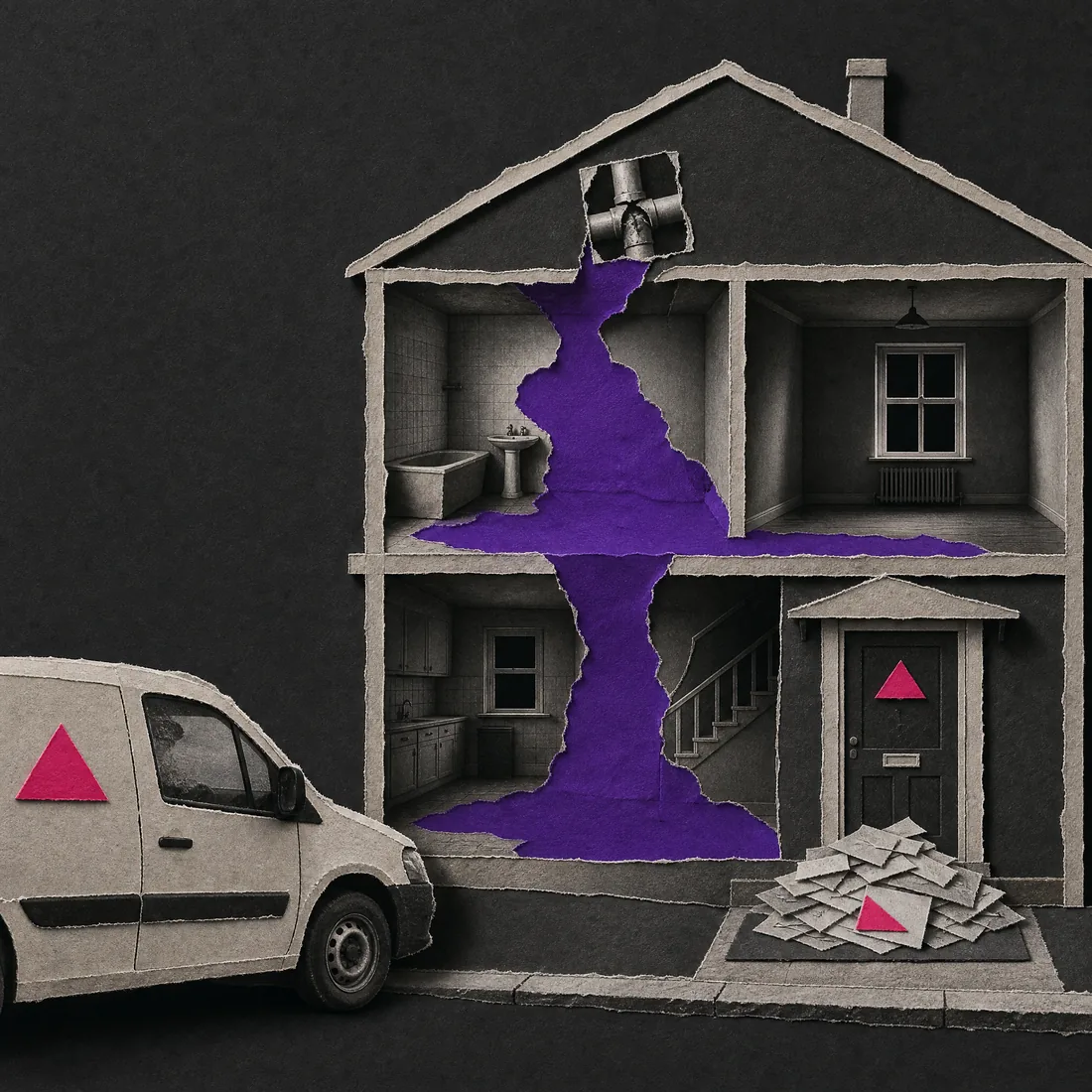 Paper collage: an empty two-story house with water spreading across both floors, unopened mail piled at the door and a crew van arriving.