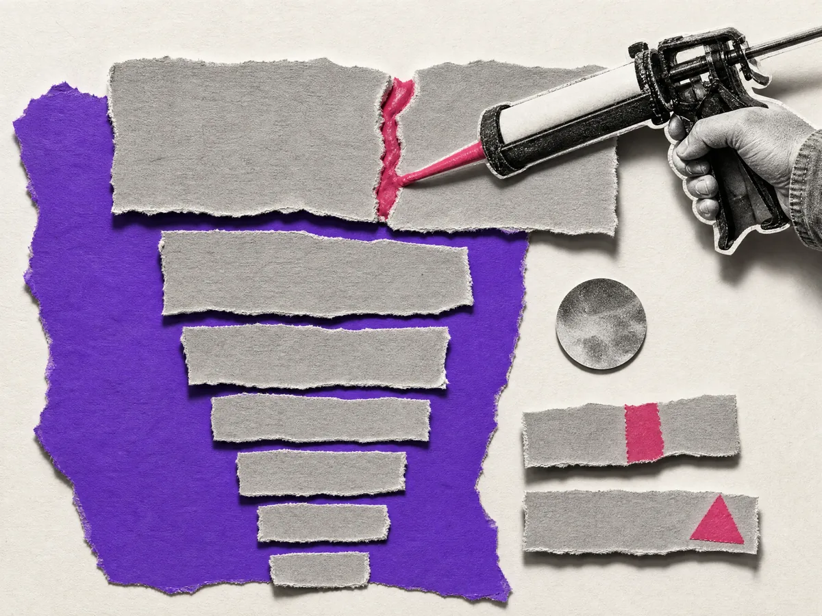 Paper collage: a stack of torn paper strips ordered from largest to smallest, with a caulking gun sealing the top one first.