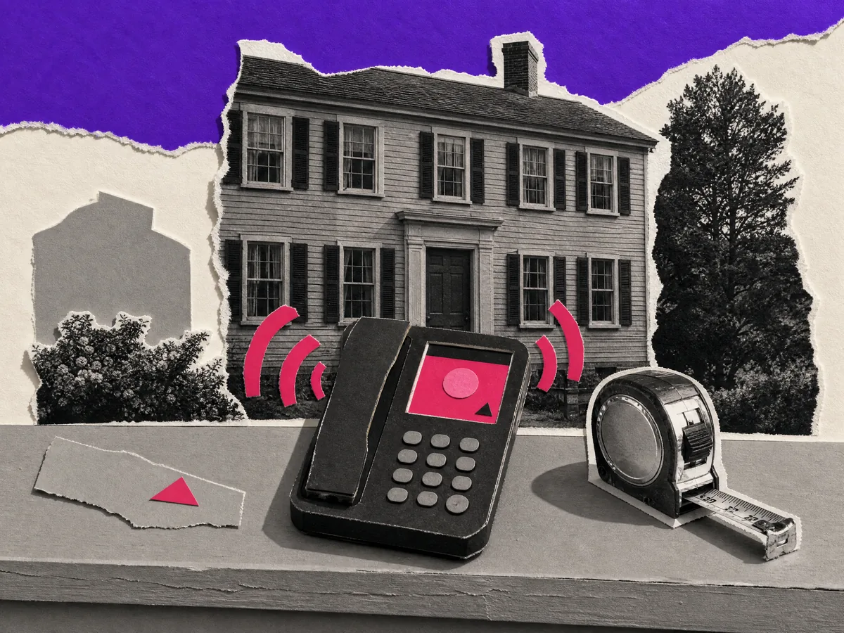Paper collage: a phone ringing on a window sill next to a tape measure, an old New England house with rows of windows behind it.
